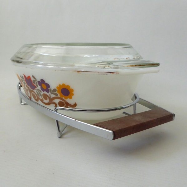 JAJ Pyrex Briarwood opal glass oval casserole dish 524 + lid + stand. 70s retro - Image 4