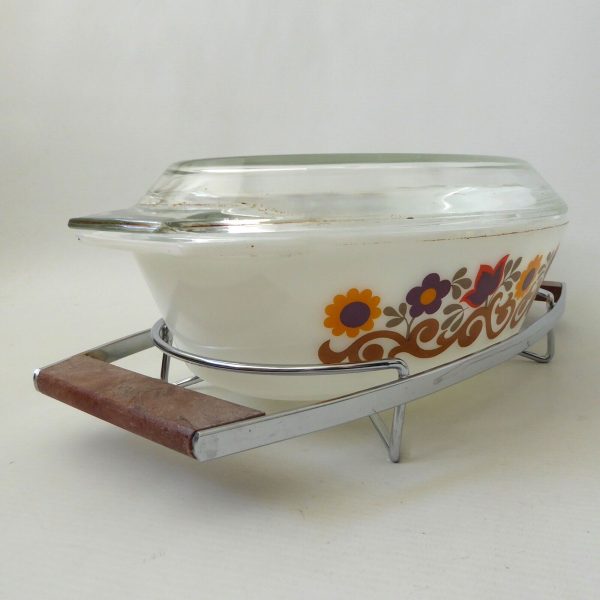 JAJ Pyrex Briarwood opal glass oval casserole dish 524 + lid + stand. 70s retro - Image 5