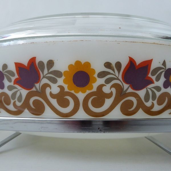 JAJ Pyrex Briarwood opal glass oval casserole dish 524 + lid + stand. 70s retro - Image 8