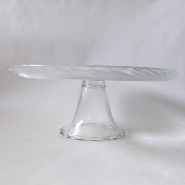 Large glass cake stand, footed round plate platter. Vintage, 12" spiralled glass - Image 3