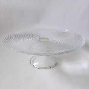 Large glass cake stand, footed round plate platter. Vintage, 12" spiralled glass