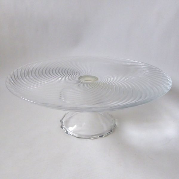 Large glass cake stand, footed round plate platter. Vintage, 12" spiralled glass