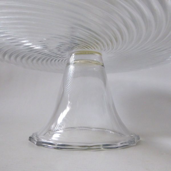 Large glass cake stand, footed round plate platter. Vintage, 12" spiralled glass - Image 8
