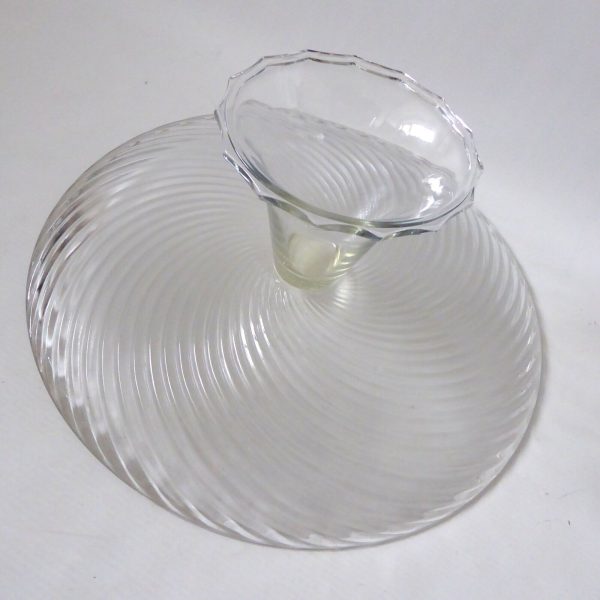 Large glass cake stand, footed round plate platter. Vintage, 12" spiralled glass - Image 9