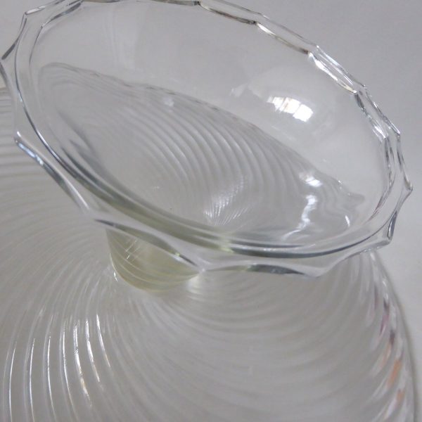 Large glass cake stand, footed round plate platter. Vintage, 12" spiralled glass - Image 10