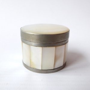 Mother of pearl shell trinket pill box container pot, white metal. Vintage small