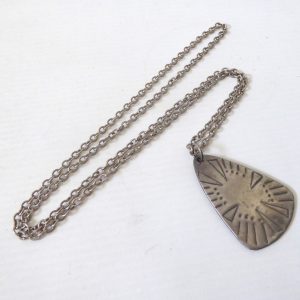 Pewter handmade vintage pendant on 26" chain necklace. Modernist 1970s artisan