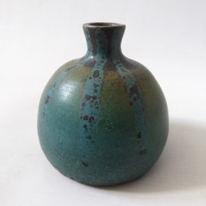 Pretty teal stripe & brown signed SP/dS studio pottery vase, small single stem