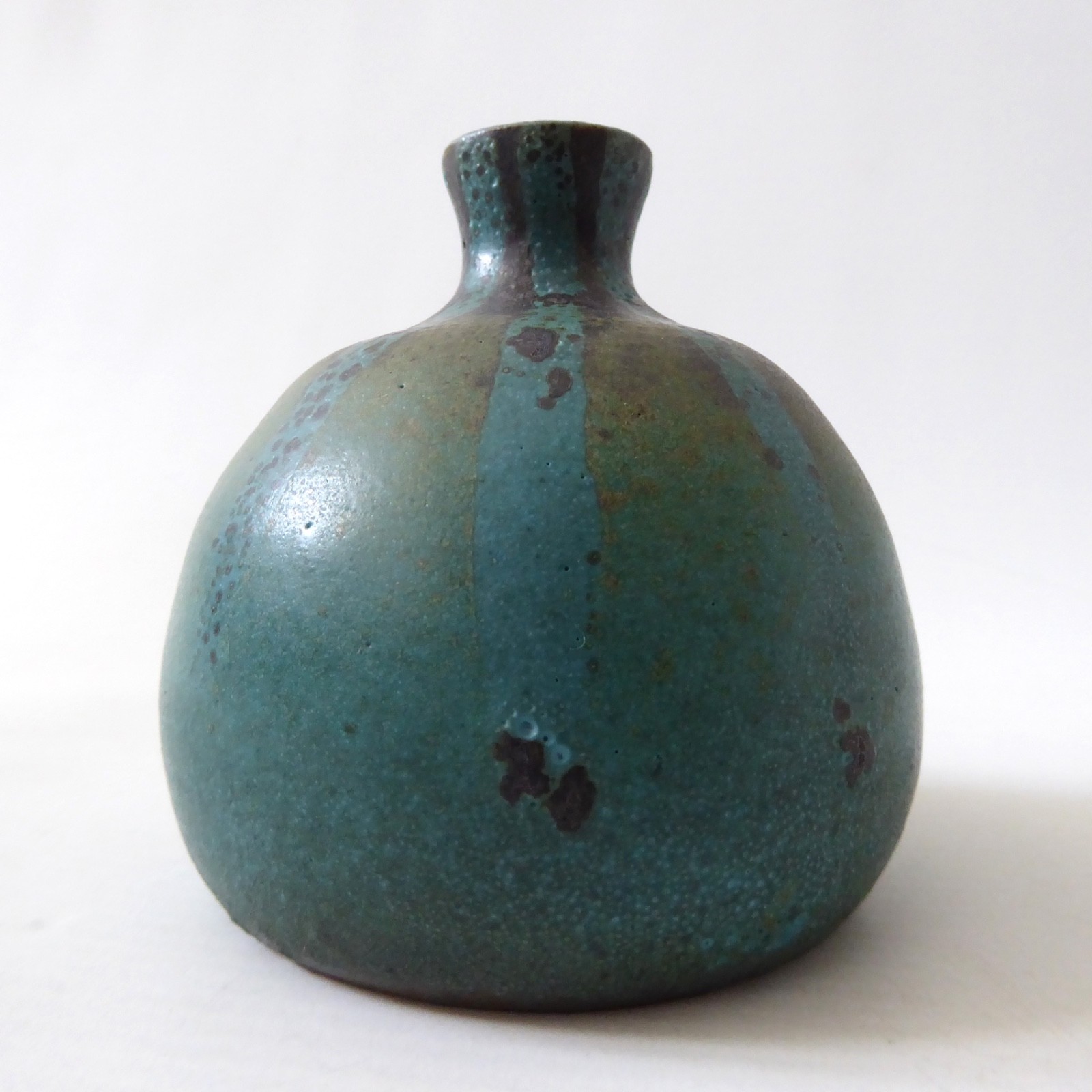 Pretty teal stripe & brown signed SP/dS studio pottery vase, small single stem - Image 7