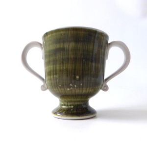 Rye Pottery mid century vintage twin handle vase. Green Studio trophy cup/pot