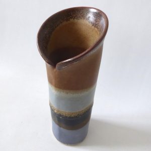 Signed studio/artisan pottery vase, handmade slab built clay brown & blue stripe