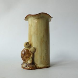 Studio pottery vase with little turtle tortoise. Flared rim small pot 1970s/80s