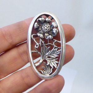 Vintage 1988 Laura Ashley sterling silver 925 brooch, oval flower & leaf. 1980s