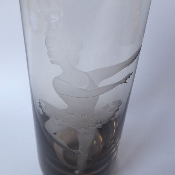 Vintage Caithness large art glass vase, Peat smoke. Ballerina picture, signed 9" - Image 3