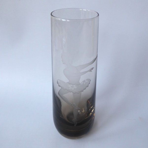 Vintage Caithness large art glass vase, Peat smoke. Ballerina picture, signed 9" - Image 4