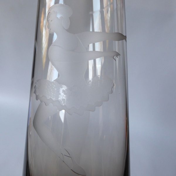 Vintage Caithness large art glass vase, Peat smoke. Ballerina picture, signed 9" - Image 5