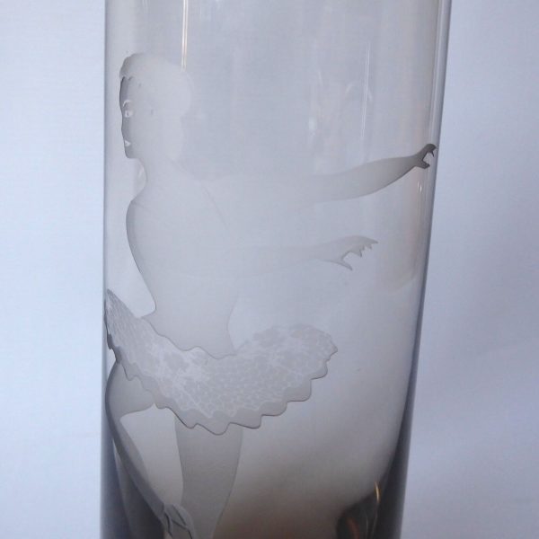 Vintage Caithness large art glass vase, Peat smoke. Ballerina picture, signed 9" - Image 6