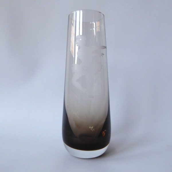 Vintage Caithness large art glass vase, Peat smoke. Ballerina picture, signed 9"