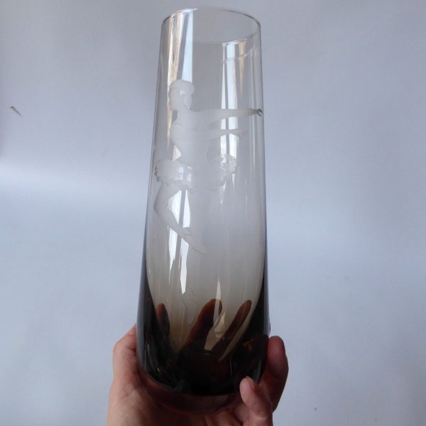Vintage Caithness large art glass vase, Peat smoke. Ballerina picture, signed 9" - Image 8