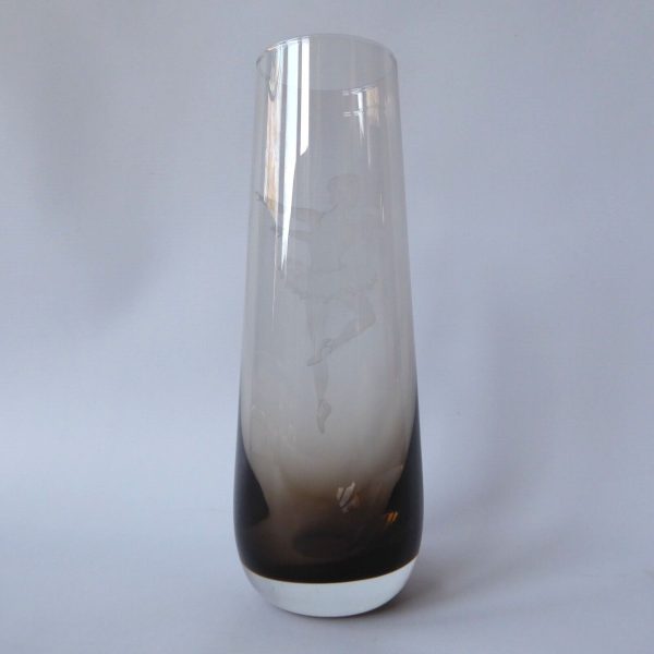 Vintage Caithness large art glass vase, Peat smoke. Ballerina picture, signed 9" - Image 9