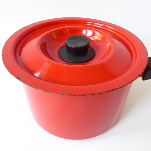 Vintage Finel Finland red enamel saucepan, Arabia Seppo Mallat 1970s retro pan - Image 3