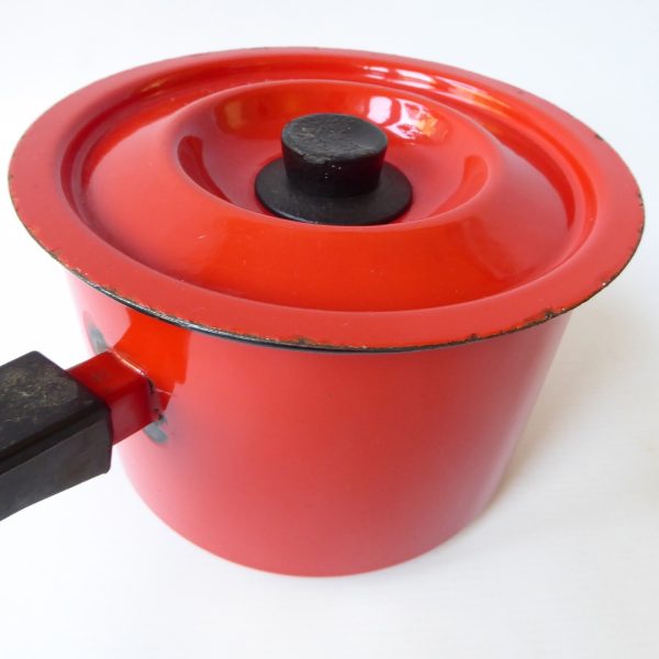 Vintage Finel Finland red enamel saucepan, Arabia Seppo Mallat 1970s retro pan - Image 8