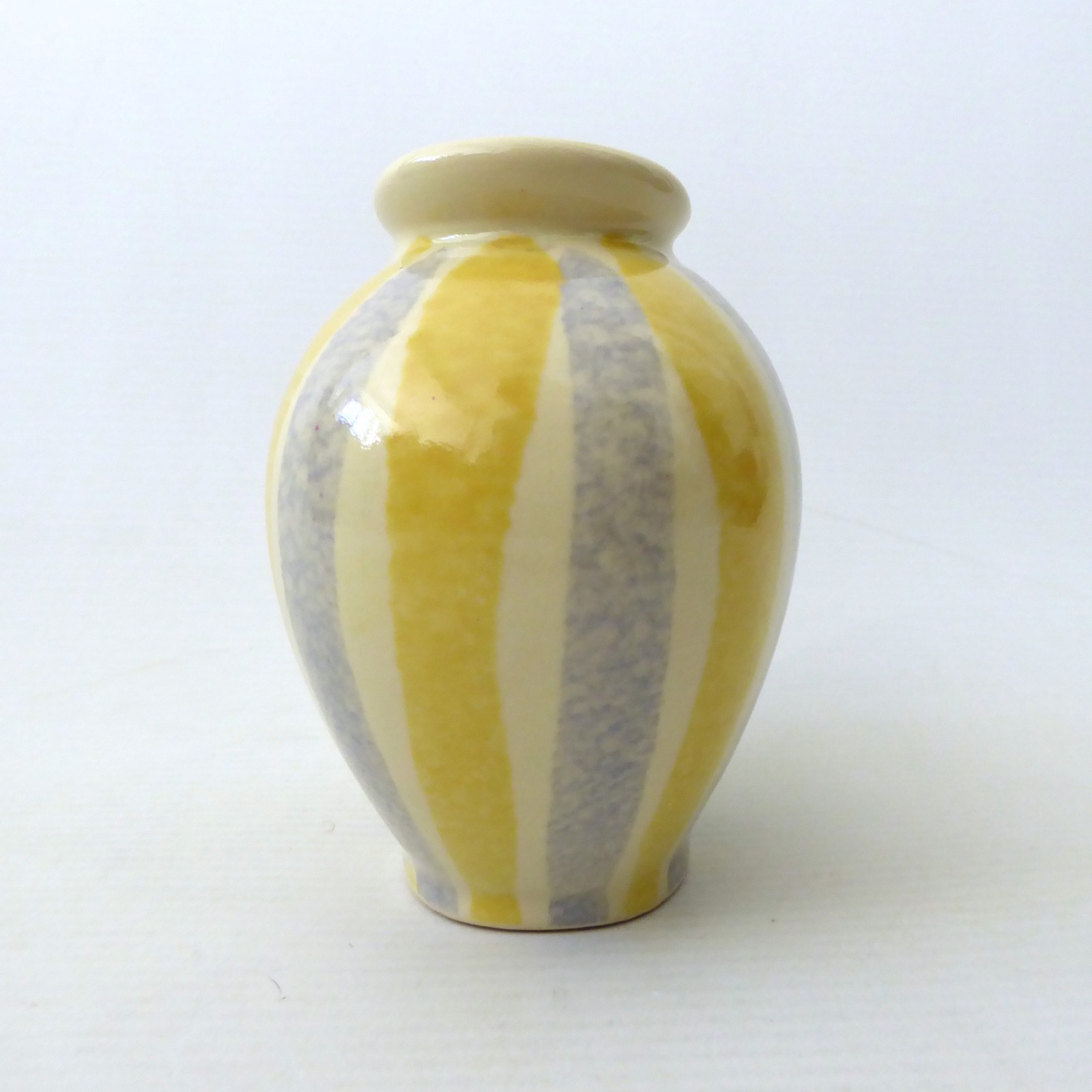 Vintage German pottery ceramic vase, grey & yellow stripes, small retro bud vase - Image 3