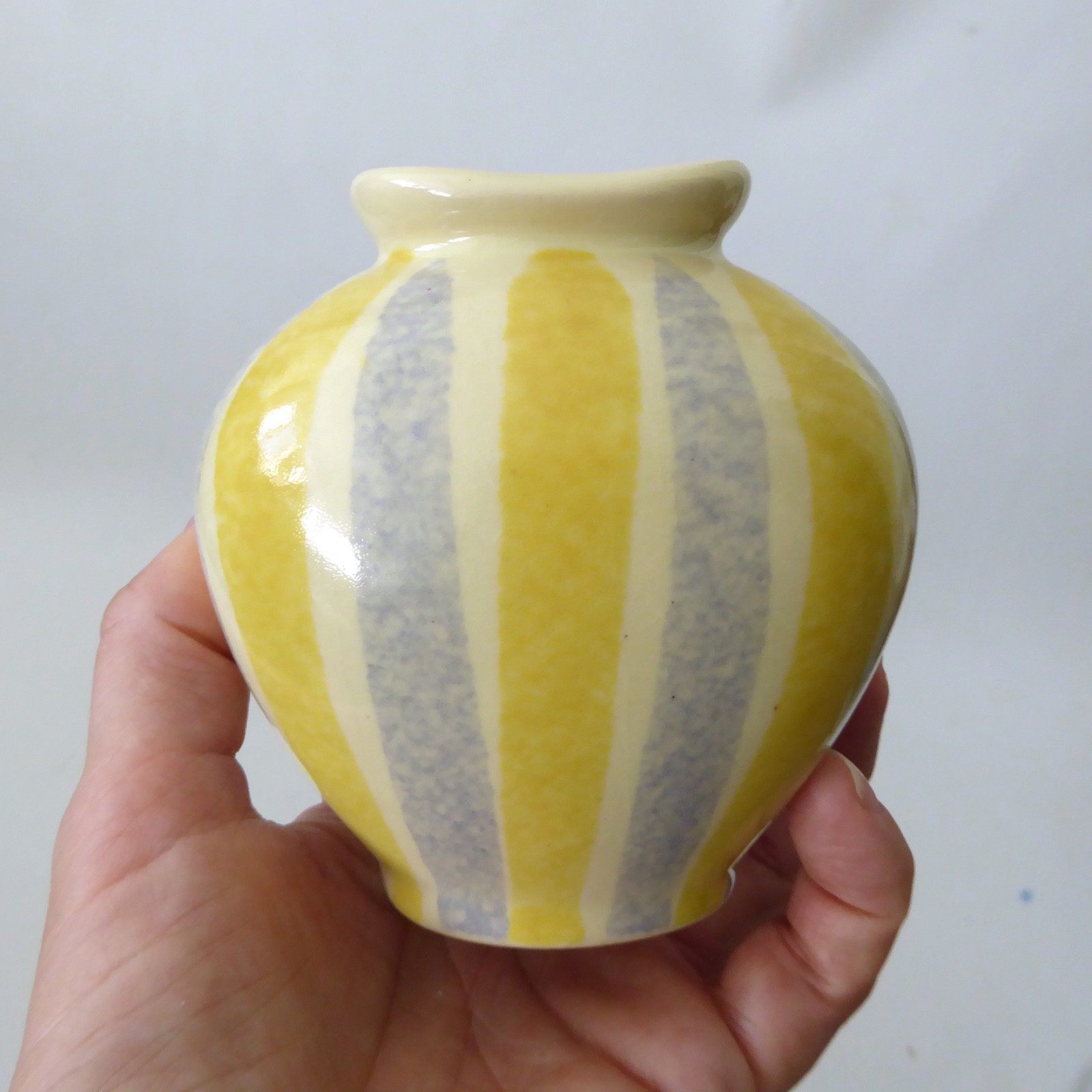 Vintage German pottery ceramic vase, grey & yellow stripes, small retro bud vase - Image 6