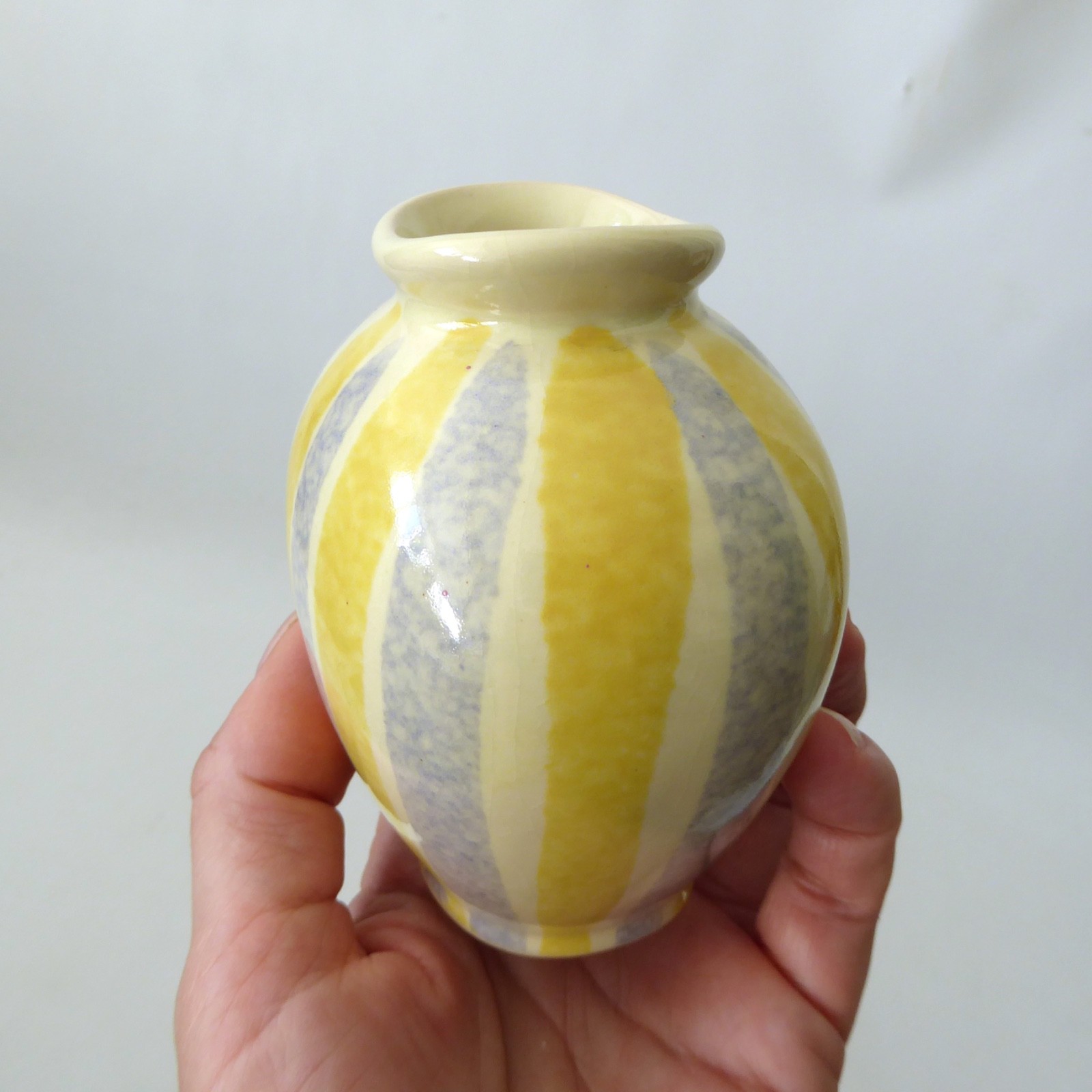 Vintage German pottery ceramic vase, grey & yellow stripes, small retro bud vase - Image 7