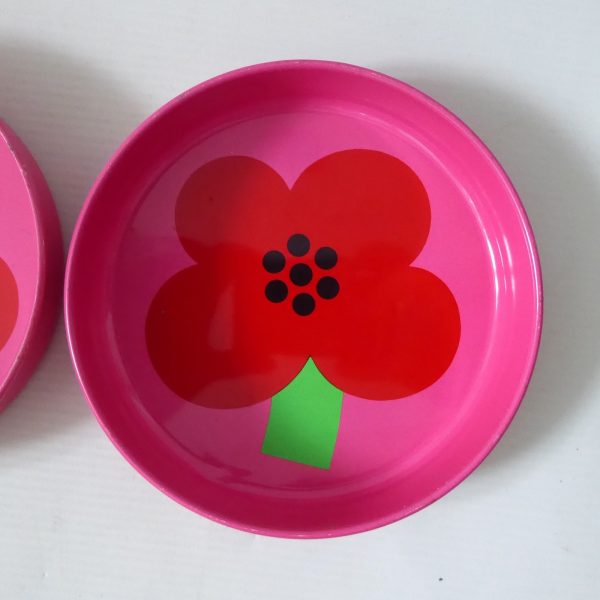 Vintage Retro pink Laurids Lonborg Al & Lena Eklund flower tin 5" trays, DENMARK - Image 5