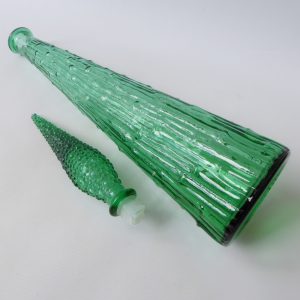 Vintage art glass Empoli genie bottle decanter + stopper. Green drip wax bamboo