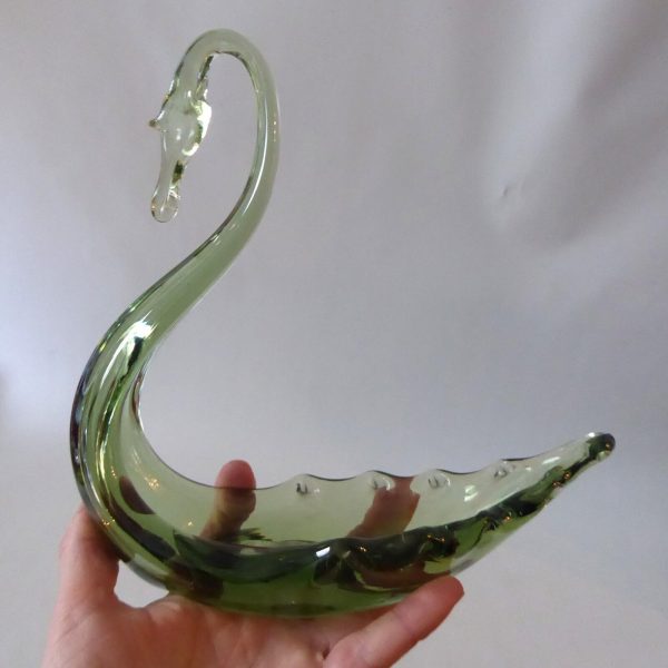 Vintage art glass swan figurine sea green 8" 20cm. 1950s midcentury trinket dish - Image 11