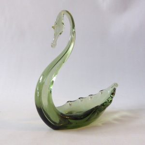 Vintage art glass swan figurine sea green 8" 20cm. 1950s midcentury trinket dish