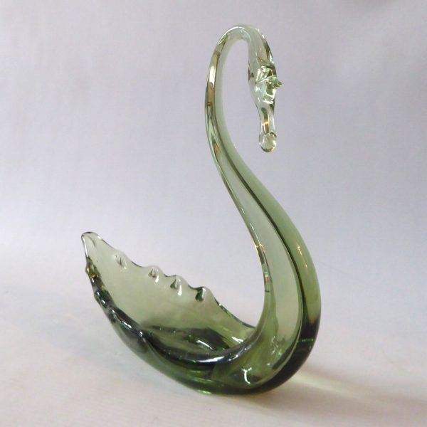 Vintage art glass swan figurine sea green 8" 20cm. 1950s midcentury trinket dish - Image 6