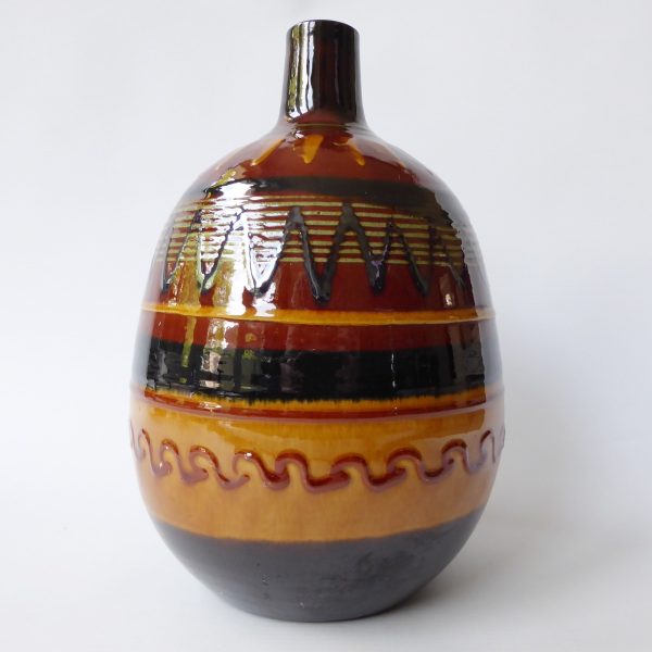 Vintage art pottery ceramic clay vase. European large round, brown ochre stripes - Image 3