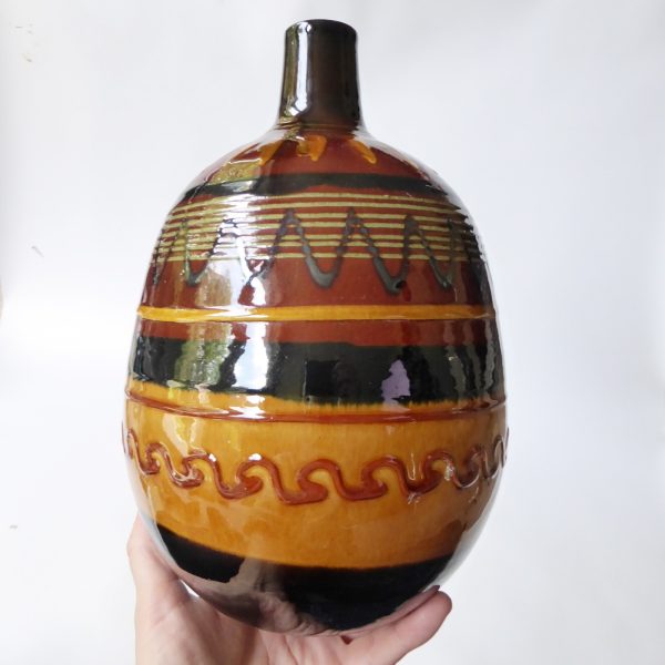 Vintage art pottery ceramic clay vase. European large round, brown ochre stripes - Image 4