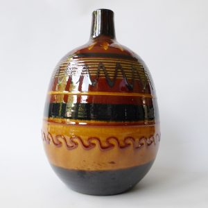Vintage art pottery ceramic clay vase. European large round, brown ochre stripes