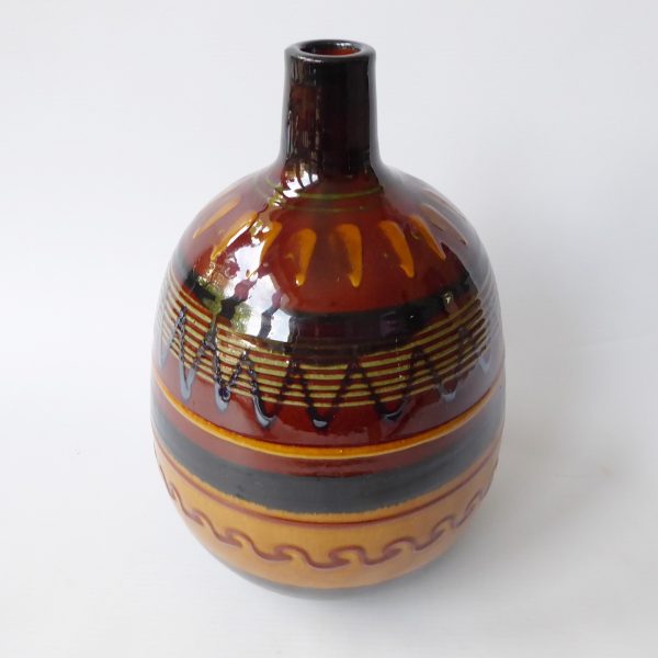 Vintage art pottery ceramic clay vase. European large round, brown ochre stripes - Image 5