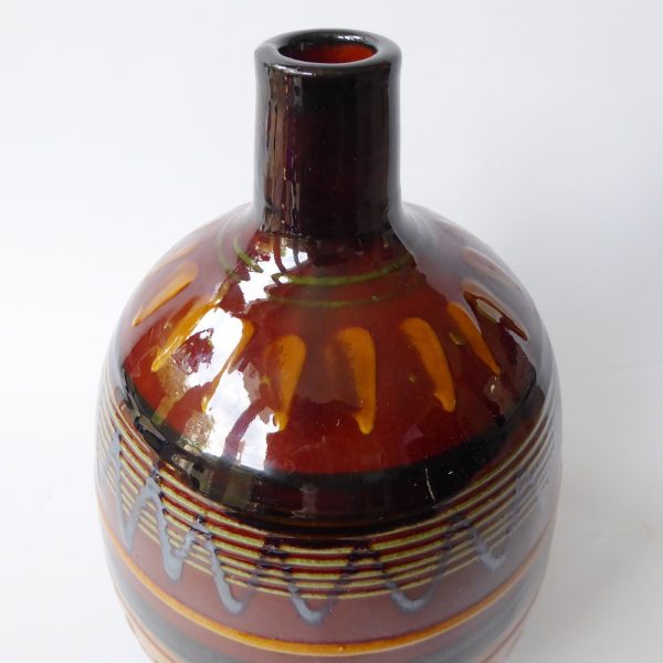 Vintage art pottery ceramic clay vase. European large round, brown ochre stripes - Image 6