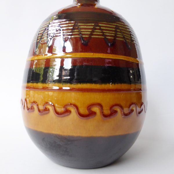 Vintage art pottery ceramic clay vase. European large round, brown ochre stripes - Image 7