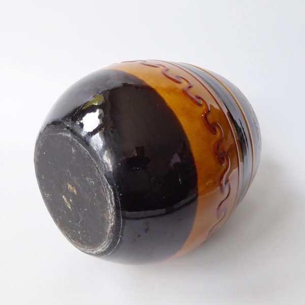 Vintage art pottery ceramic clay vase. European large round, brown ochre stripes - Image 9