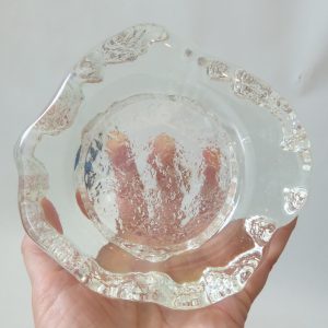 Vintage clear art glass freeform dish. Bark sides, round textured bowl, 1970s