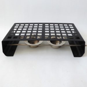 Vintage food warmer, retro black cast iron style grid, steel bar, candle holders