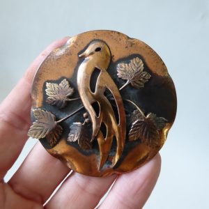 Vintage large copper pendant for necklace, bird & leaves round disc, also brooch