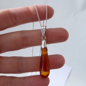 Vintage sterling silver 25 amber teardrop pendant, silver 15" necklace chain