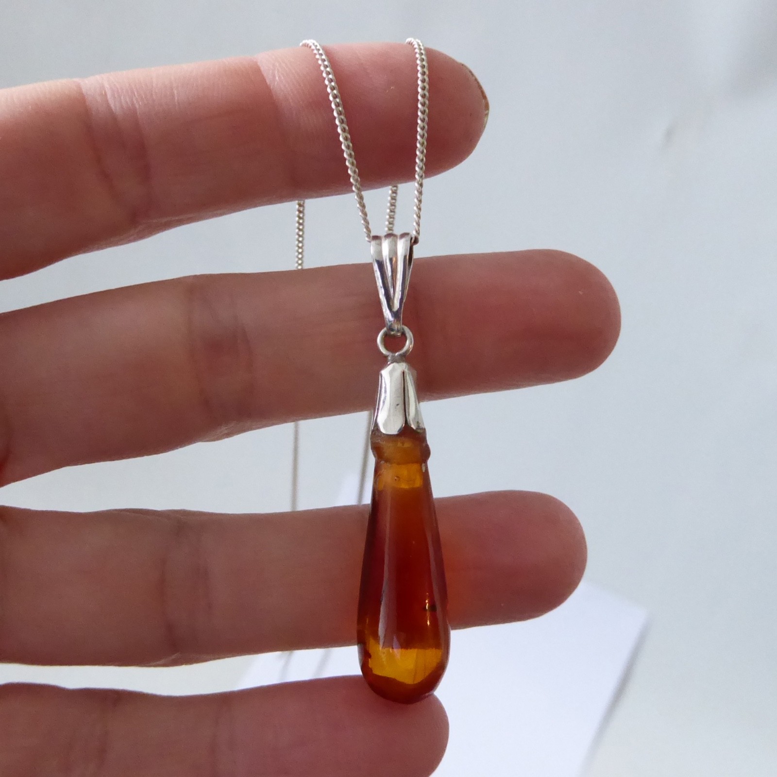 Vintage sterling silver 25 amber teardrop pendant, silver 15" necklace chain