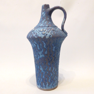 Vintage studio art pottery vase signed AW or MV blue alien skin textured +handle