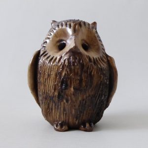 Vintage studio pottery owl. Handmade sgraffito clay figurine sculpture. 1970s