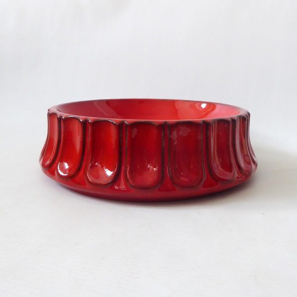 West German pottery ceramic vintage bowl, red glazed 9" round dish. 1970s/1980s