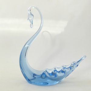 Whitefriars art glass swan figurine Sapphire blue 8".  1950s vintage dish bowl